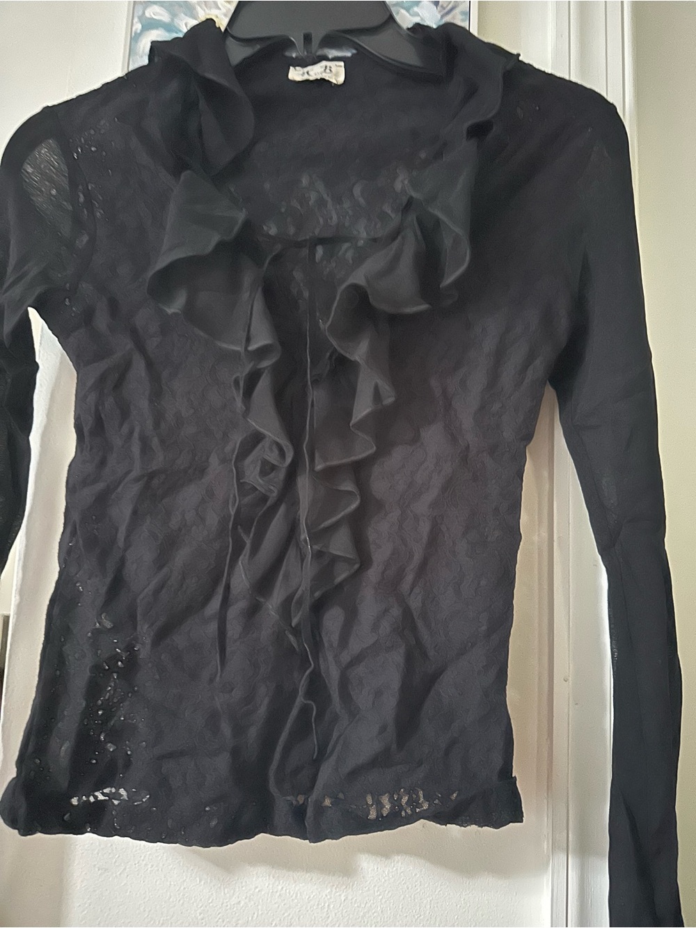 Black Ruffled Lace-Front Long Sleeve Blouse